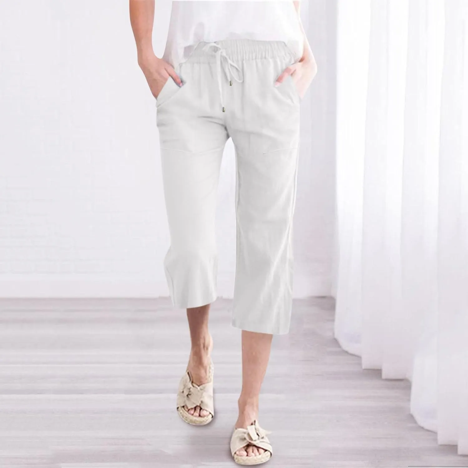 Linen Capri Pants for Women Summer 2025 Fashion Wide Leg Casual Pants Lightweight Loose Cropped Trousers with Pockets