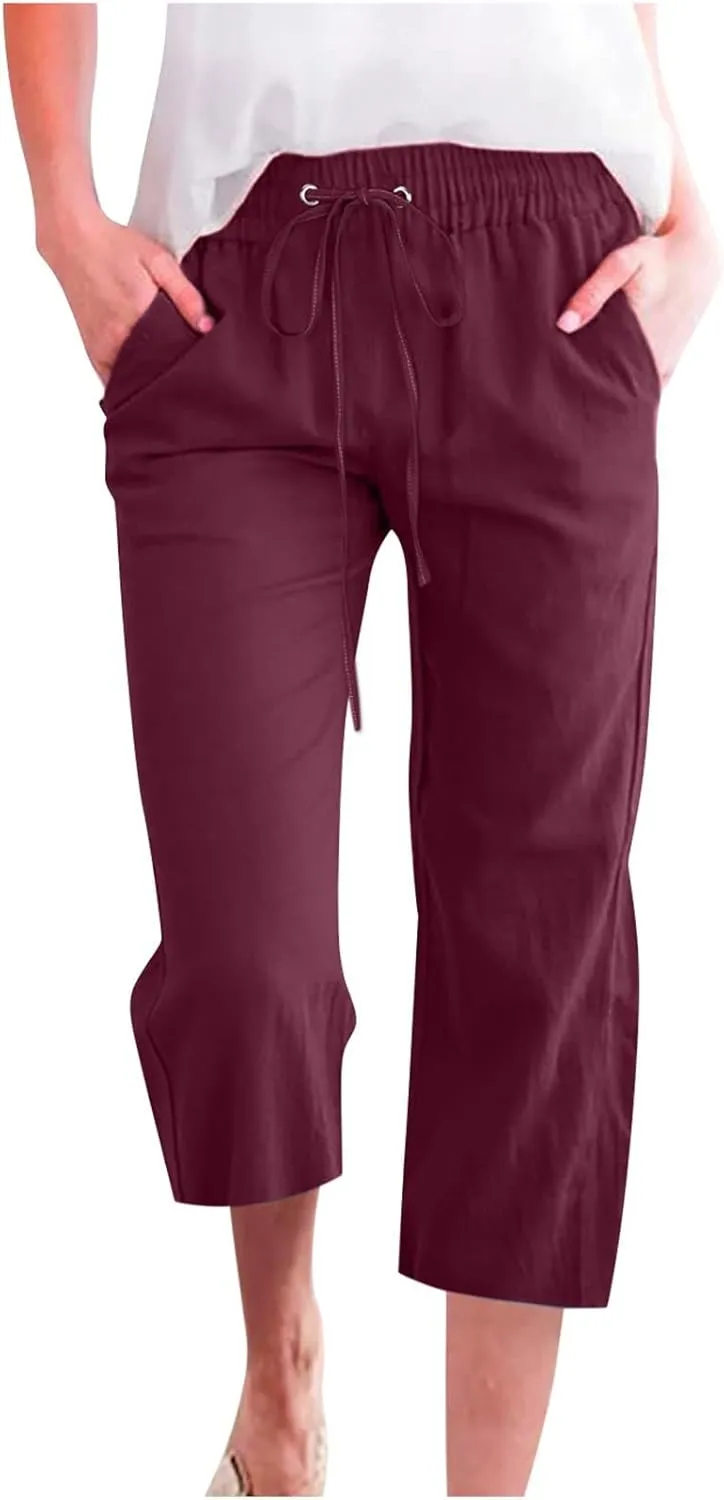 Linen Capri Pants for Women Summer 2025 Fashion Wide Leg Casual Pants Lightweight Loose Cropped Trousers with Pockets