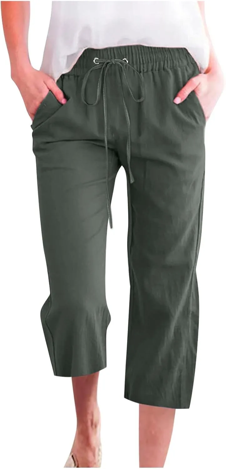Linen Capri Pants for Women Summer 2025 Fashion Wide Leg Casual Pants Lightweight Loose Cropped Trousers with Pockets