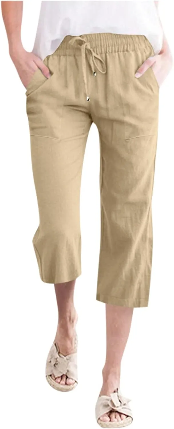 Linen Capri Pants for Women Summer 2025 Fashion Wide Leg Casual Pants Lightweight Loose Cropped Trousers with Pockets