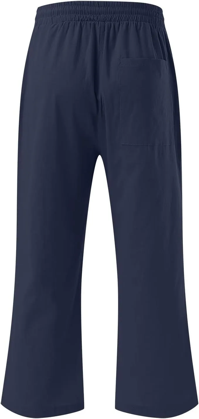 Linen Capri Pants for Women Summer 2025 Fashion Wide Leg Casual Pants Lightweight Loose Cropped Trousers with Pockets