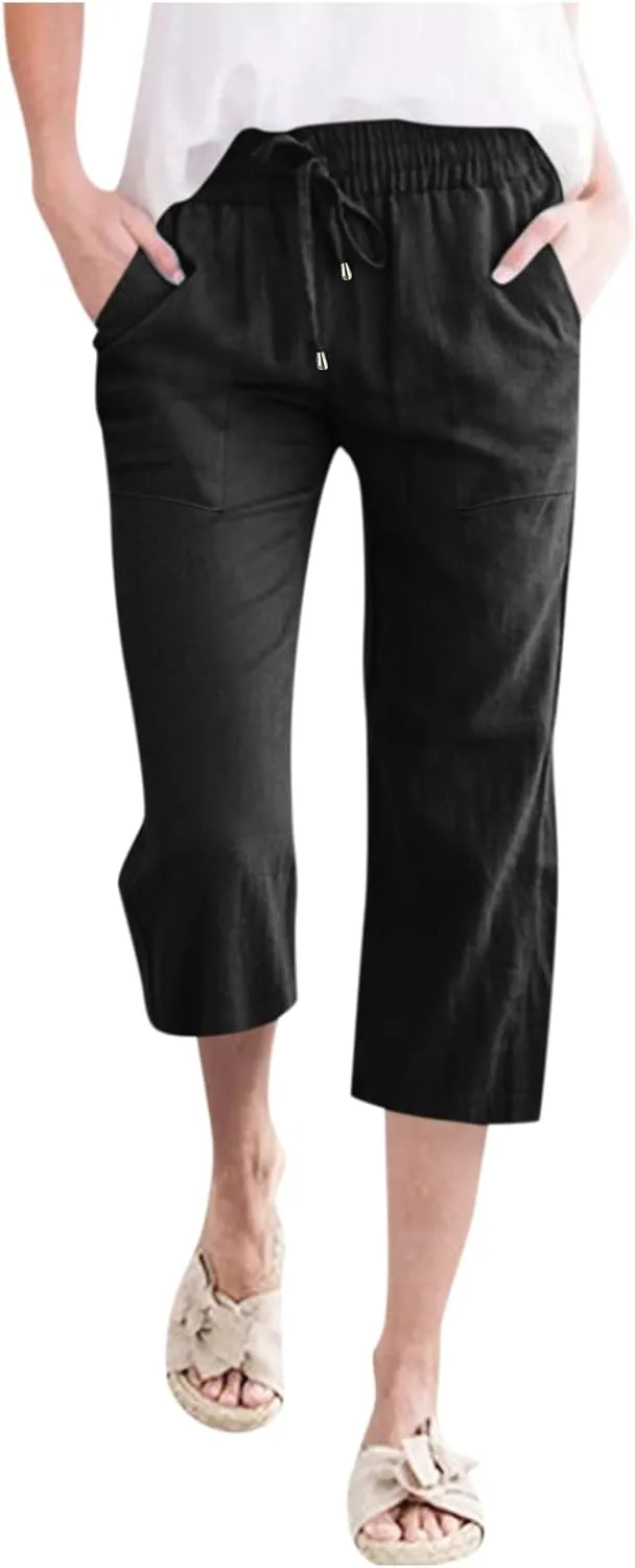Linen Capri Pants for Women Summer 2025 Fashion Wide Leg Casual Pants Lightweight Loose Cropped Trousers with Pockets