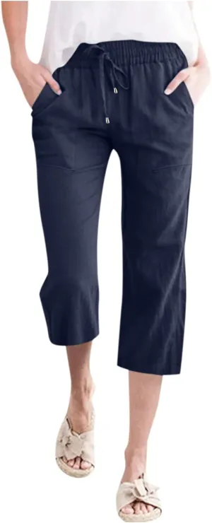 Linen Capri Pants for Women Summer 2025 Fashion Wide Leg Casual Pants Lightweight Loose Cropped Trousers with Pockets
