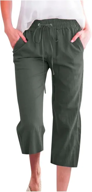 Linen Capri Pants for Women Summer 2025 Fashion Wide Leg Casual Pants Lightweight Loose Cropped Trousers with Pockets