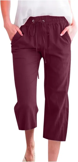 Linen Capri Pants for Women Summer 2025 Fashion Wide Leg Casual Pants Lightweight Loose Cropped Trousers with Pockets