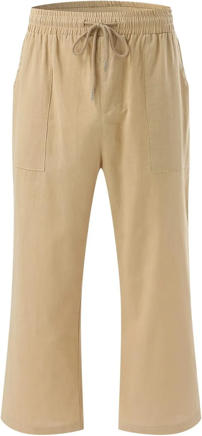 Linen Capri Pants for Women Summer 2025 Fashion Wide Leg Casual Pants Lightweight Loose Cropped Trousers with Pockets
