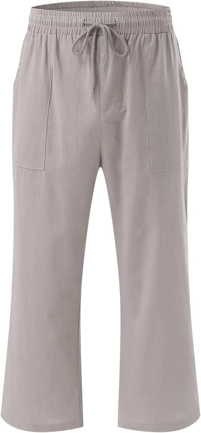 Linen Capri Pants for Women Summer 2025 Fashion Wide Leg Casual Pants Lightweight Loose Cropped Trousers with Pockets