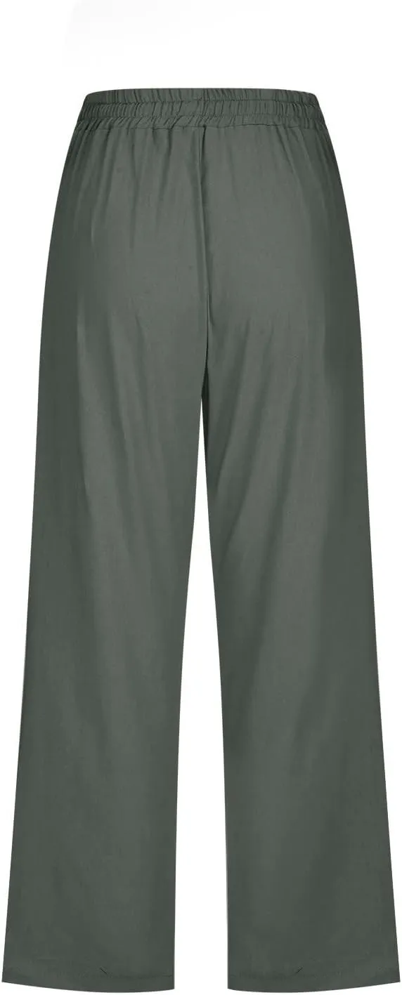 Linen Capri Pants for Women Summer 2025 Fashion Wide Leg Casual Pants Lightweight Loose Cropped Trousers with Pockets