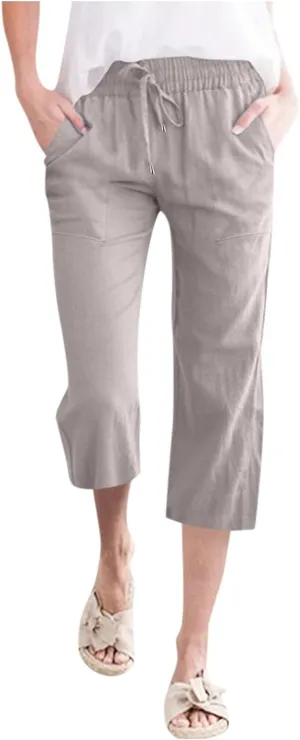 Linen Capri Pants for Women Summer 2025 Fashion Wide Leg Casual Pants Lightweight Loose Cropped Trousers with Pockets