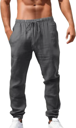 Linen Pants for Men Summer Elastic Waist Drawstring Beach Casual Loose Fit Pant Yoga Jogger Pants with Pockets