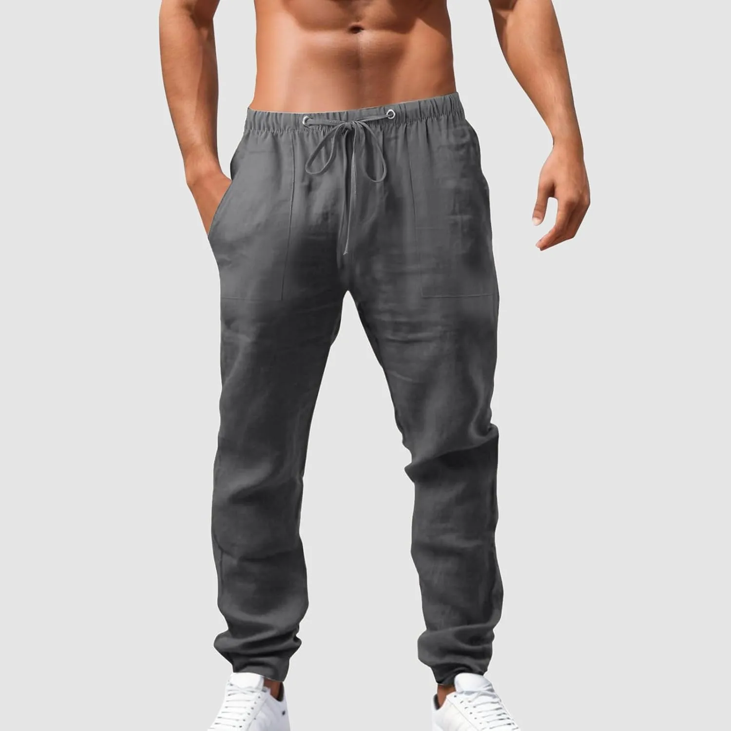 Linen Pants for Men Summer Elastic Waist Drawstring Beach Casual Loose Fit Pant Yoga Jogger Pants with Pockets