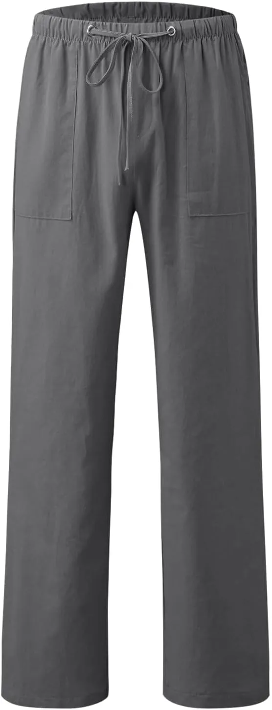 Linen Pants for Men Summer Elastic Waist Drawstring Beach Casual Loose Fit Pant Yoga Jogger Pants with Pockets