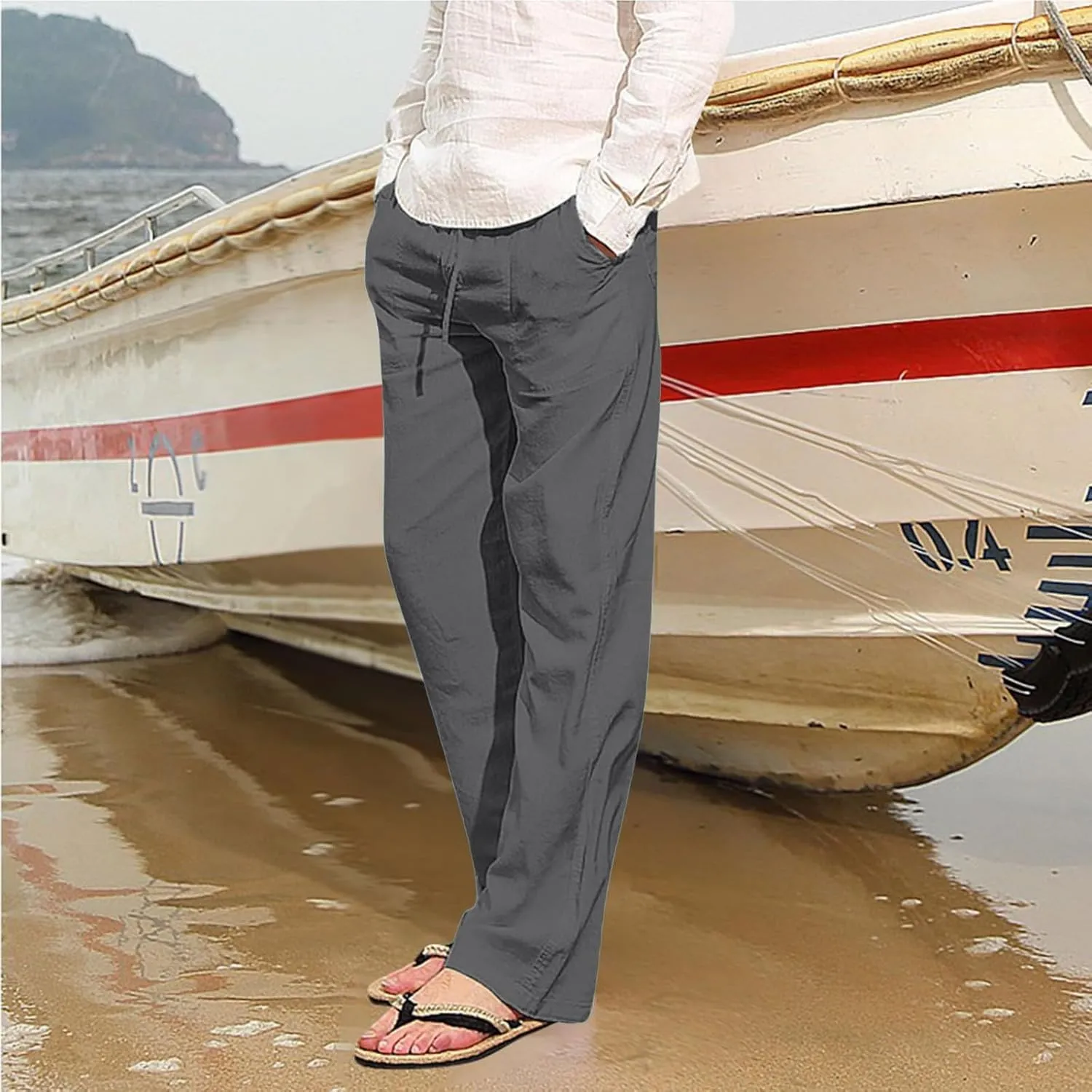 Linen Pants for Men Summer Elastic Waist Drawstring Beach Casual Loose Fit Pant Yoga Jogger Pants with Pockets