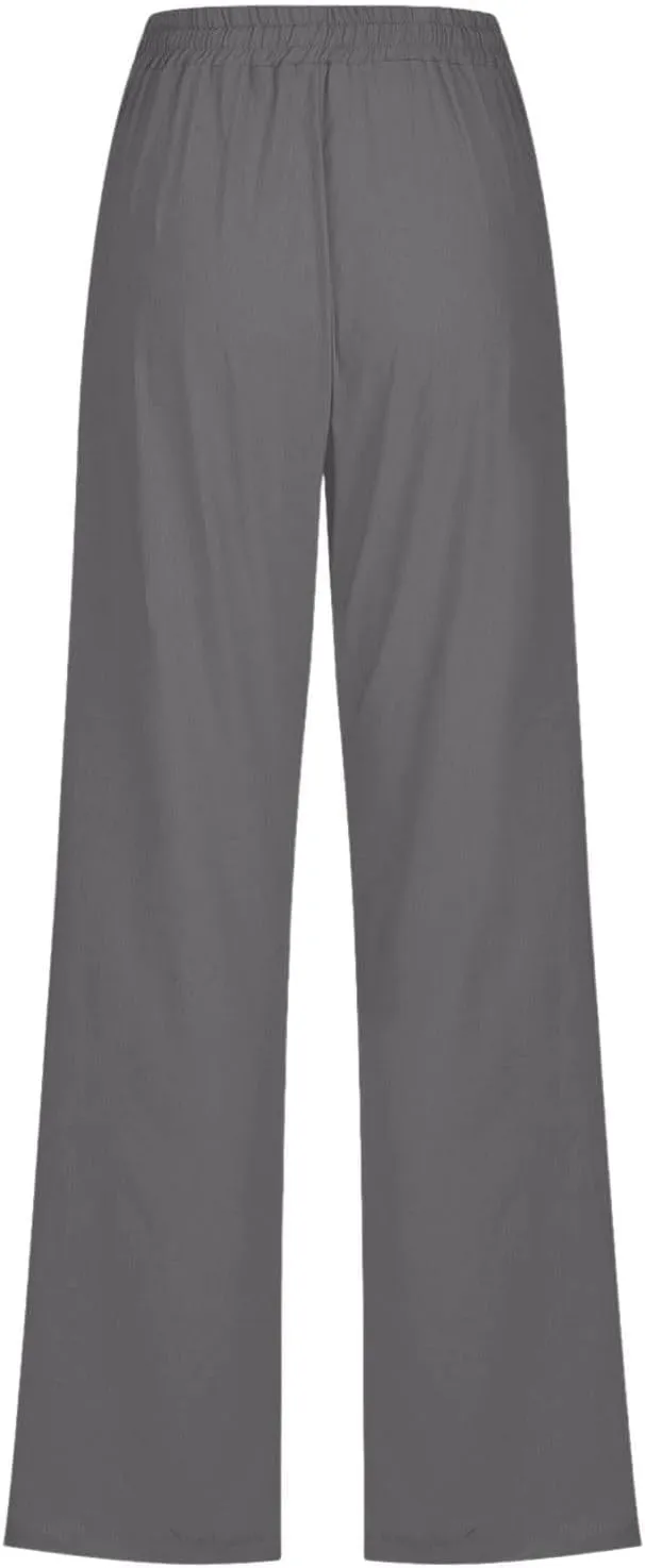 Linen Pants for Women Casual Relaxed Fit Elastic Waist Pant Straight Leg Drawstring Lounge Trousers with Pockets