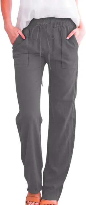 Linen Pants for Women Casual Relaxed Fit Elastic Waist Pant Straight Leg Drawstring Lounge Trousers with Pockets
