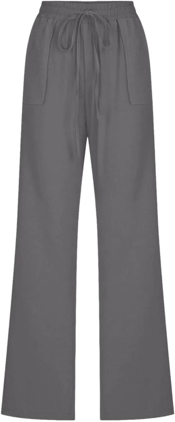 Linen Pants for Women Casual Relaxed Fit Elastic Waist Pant Straight Leg Drawstring Lounge Trousers with Pockets