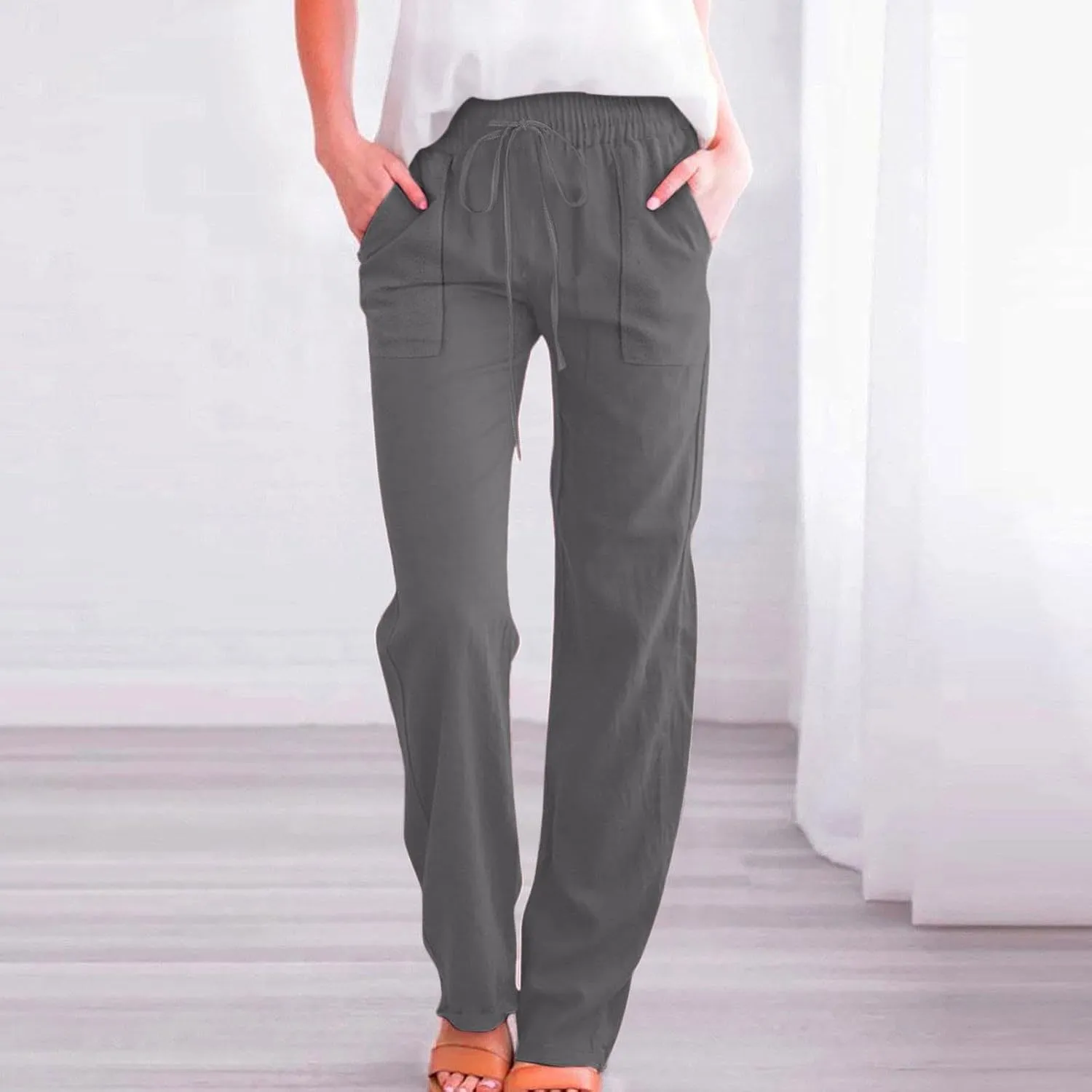 Linen Pants for Women Casual Relaxed Fit Elastic Waist Pant Straight Leg Drawstring Lounge Trousers with Pockets