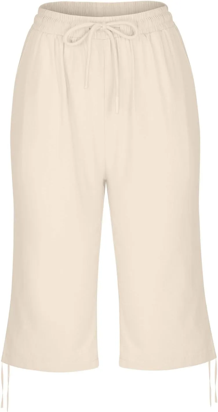 Linen Pants Women Summer Pants Ladies Loose Drawstring Casual Solid Color Shorts Wide Leg Casual Cotton Linen Pants