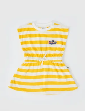 Little Fishy Terry Towelling Tie Dress Lemon Stripe