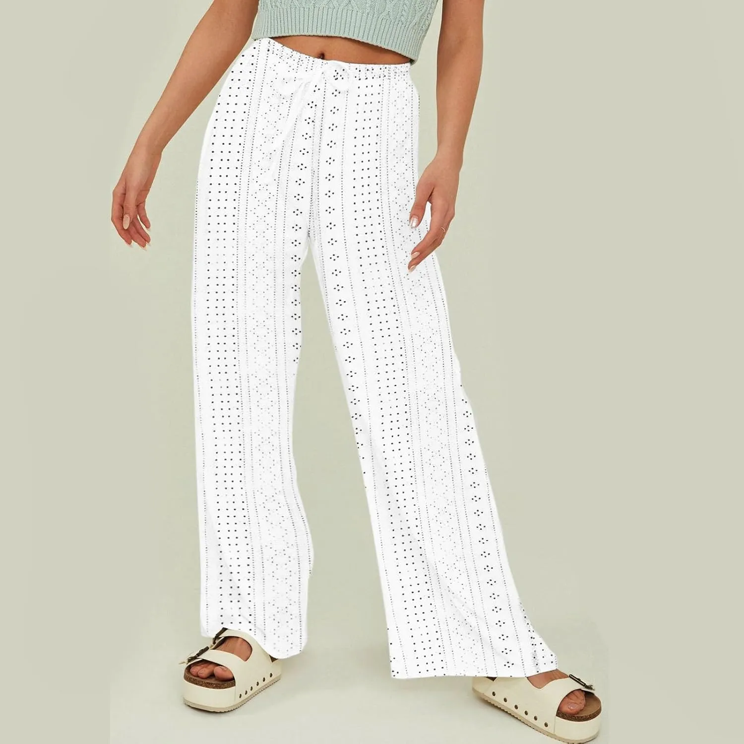 Long Palazzo Pants for Women Resort Outfits 2025 Easter Straight Leg Pants with Pockets Flowy Solid Drawstring Sweatpants