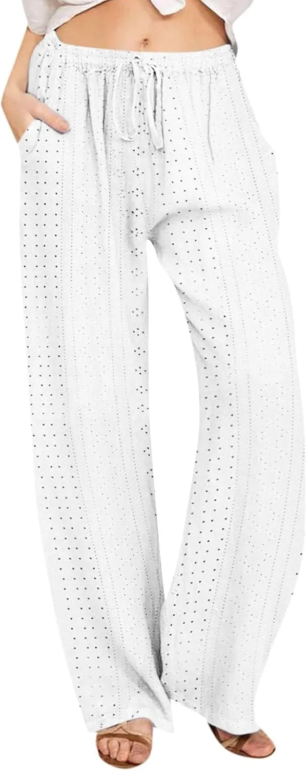 Long Palazzo Pants for Women Resort Outfits 2025 Easter Straight Leg Pants with Pockets Flowy Solid Drawstring Sweatpants
