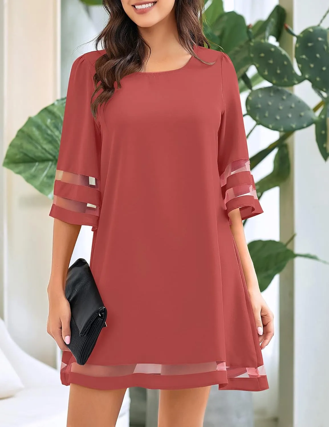 LookbookStore Women Casual Crewneck Mesh Panel 3/4 Bell Sleeve Loose Tunic Dress
