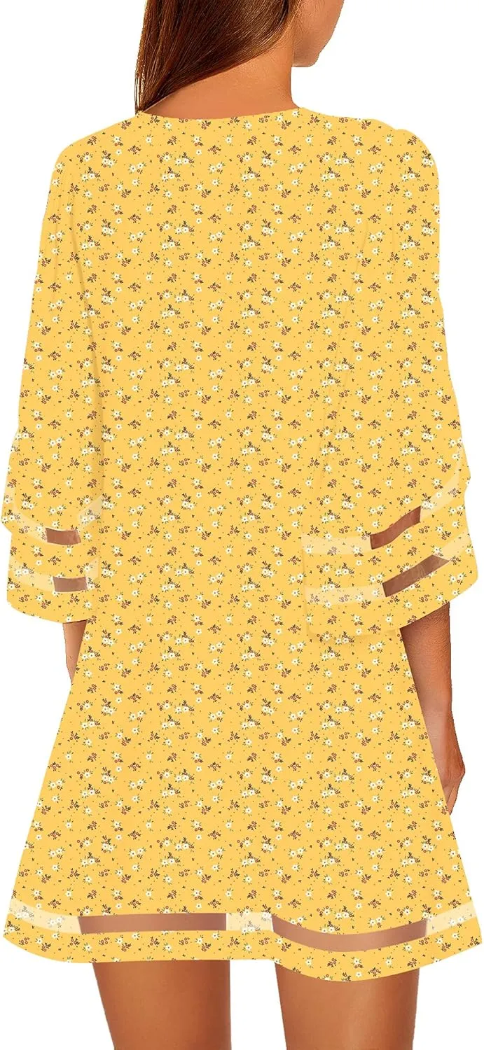 LookbookStore Women Casual Crewneck Mesh Panel 3/4 Bell Sleeve Loose Tunic Dress