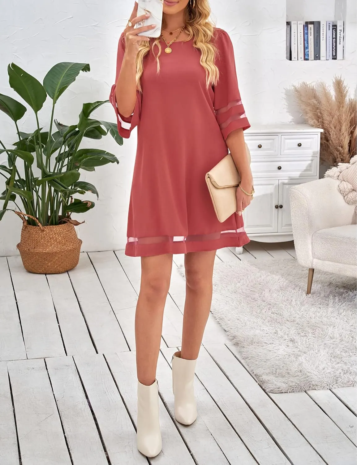 LookbookStore Women Casual Crewneck Mesh Panel 3/4 Bell Sleeve Loose Tunic Dress