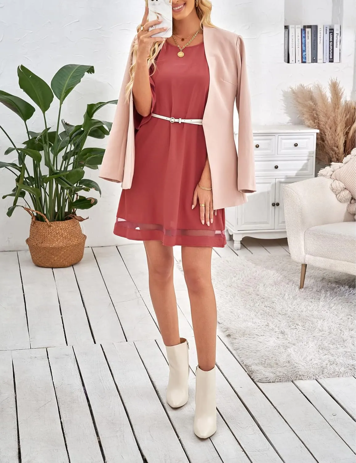 LookbookStore Women Casual Crewneck Mesh Panel 3/4 Bell Sleeve Loose Tunic Dress