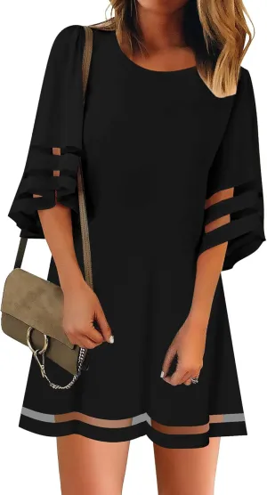 LookbookStore Women Casual Crewneck Mesh Panel 3/4 Bell Sleeve Loose Tunic Dress