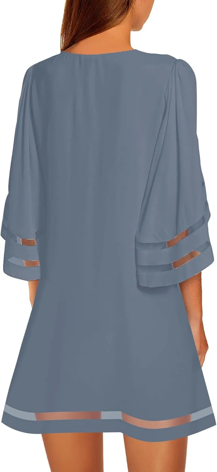 LookbookStore Women Casual Crewneck Mesh Panel 3/4 Bell Sleeve Loose Tunic Dress