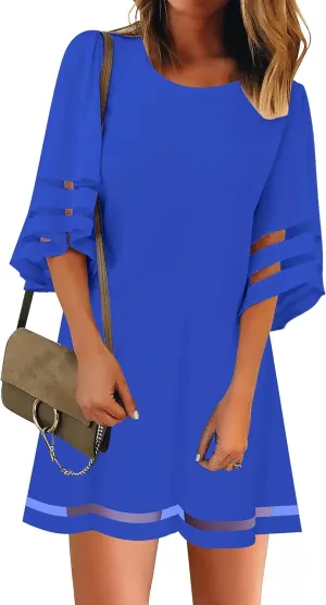 LookbookStore Women Casual Crewneck Mesh Panel 3/4 Bell Sleeve Loose Tunic Dress