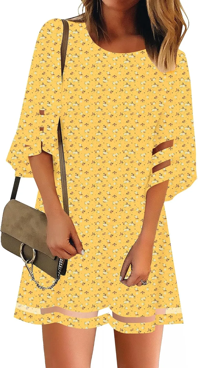 LookbookStore Women Casual Crewneck Mesh Panel 3/4 Bell Sleeve Loose Tunic Dress