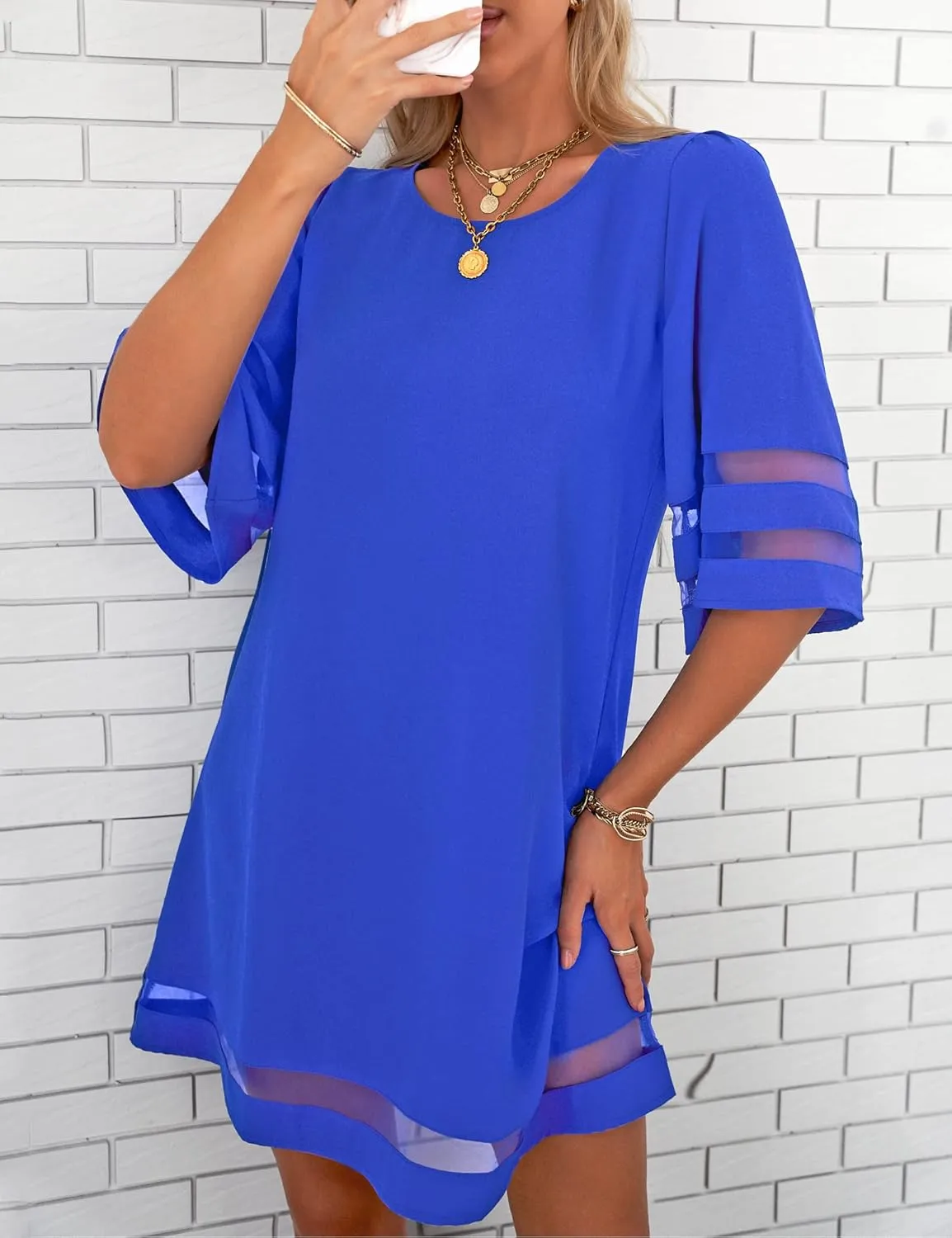 LookbookStore Women Casual Crewneck Mesh Panel 3/4 Bell Sleeve Loose Tunic Dress