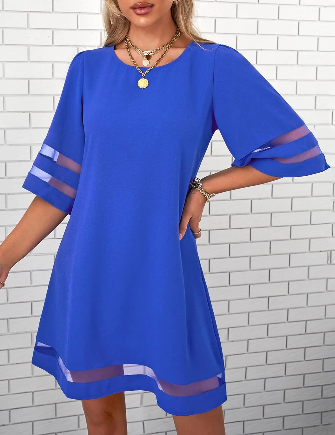 LookbookStore Women Casual Crewneck Mesh Panel 3/4 Bell Sleeve Loose Tunic Dress