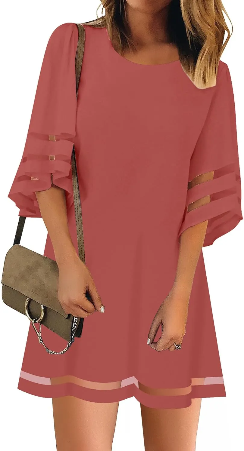 LookbookStore Women Casual Crewneck Mesh Panel 3/4 Bell Sleeve Loose Tunic Dress
