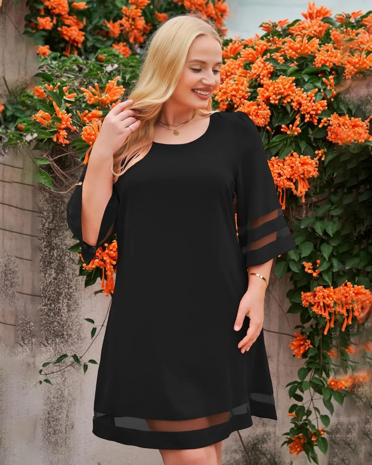 LookbookStore Women Casual Crewneck Mesh Panel 3/4 Bell Sleeve Loose Tunic Dress