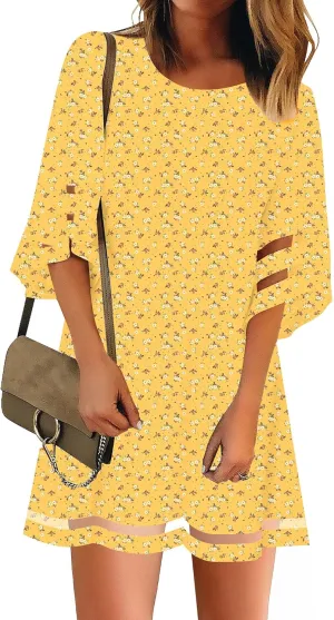 LookbookStore Women Casual Crewneck Mesh Panel 3/4 Bell Sleeve Loose Tunic Dress