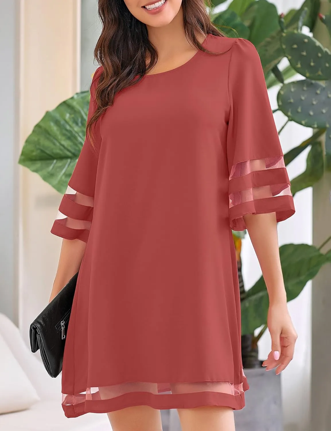 LookbookStore Women Casual Crewneck Mesh Panel 3/4 Bell Sleeve Loose Tunic Dress