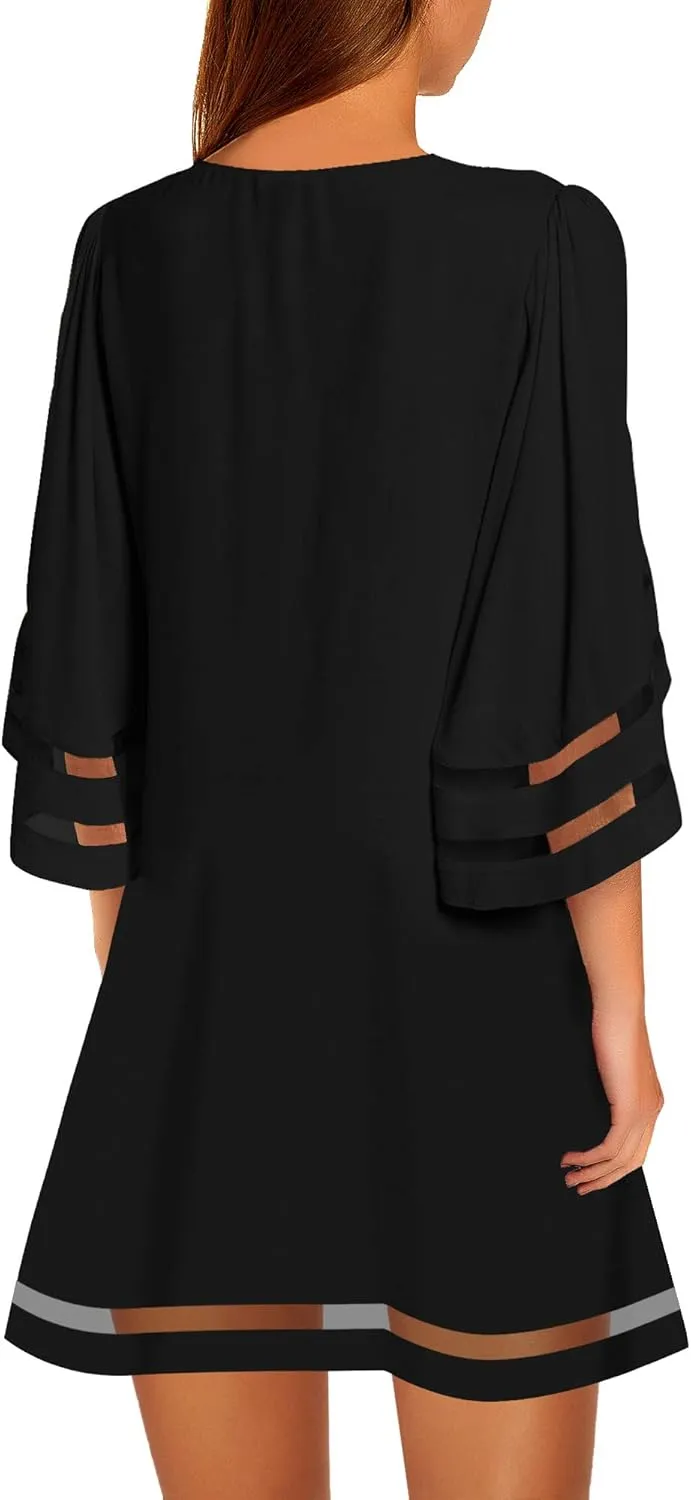 LookbookStore Women Casual Crewneck Mesh Panel 3/4 Bell Sleeve Loose Tunic Dress