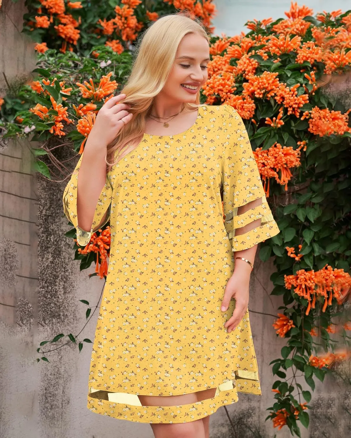 LookbookStore Women Casual Crewneck Mesh Panel 3/4 Bell Sleeve Loose Tunic Dress