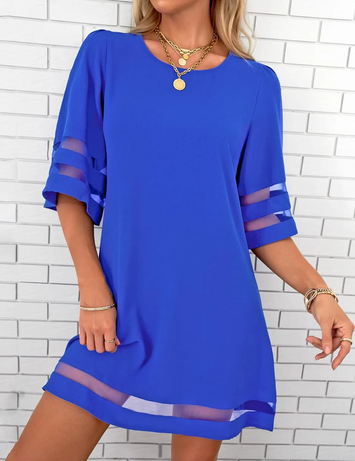LookbookStore Women Casual Crewneck Mesh Panel 3/4 Bell Sleeve Loose Tunic Dress