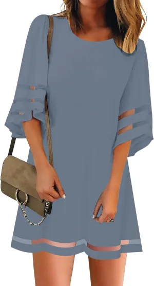LookbookStore Women Casual Crewneck Mesh Panel 3/4 Bell Sleeve Loose Tunic Dress