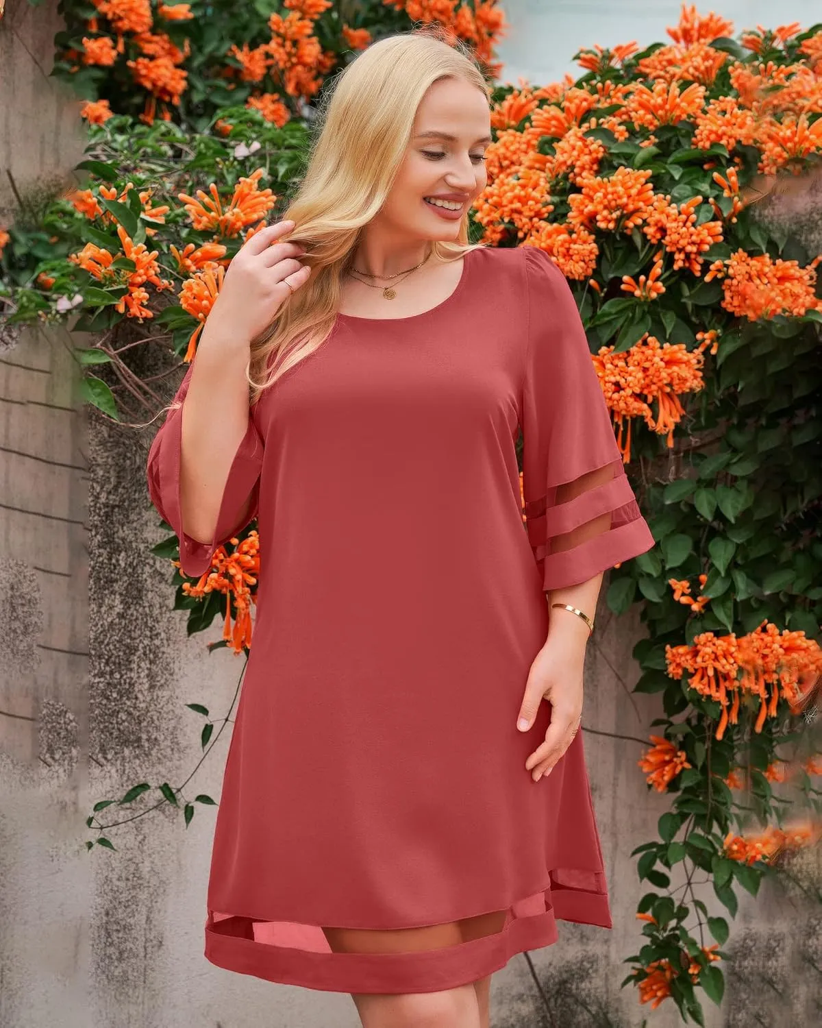 LookbookStore Women Casual Crewneck Mesh Panel 3/4 Bell Sleeve Loose Tunic Dress