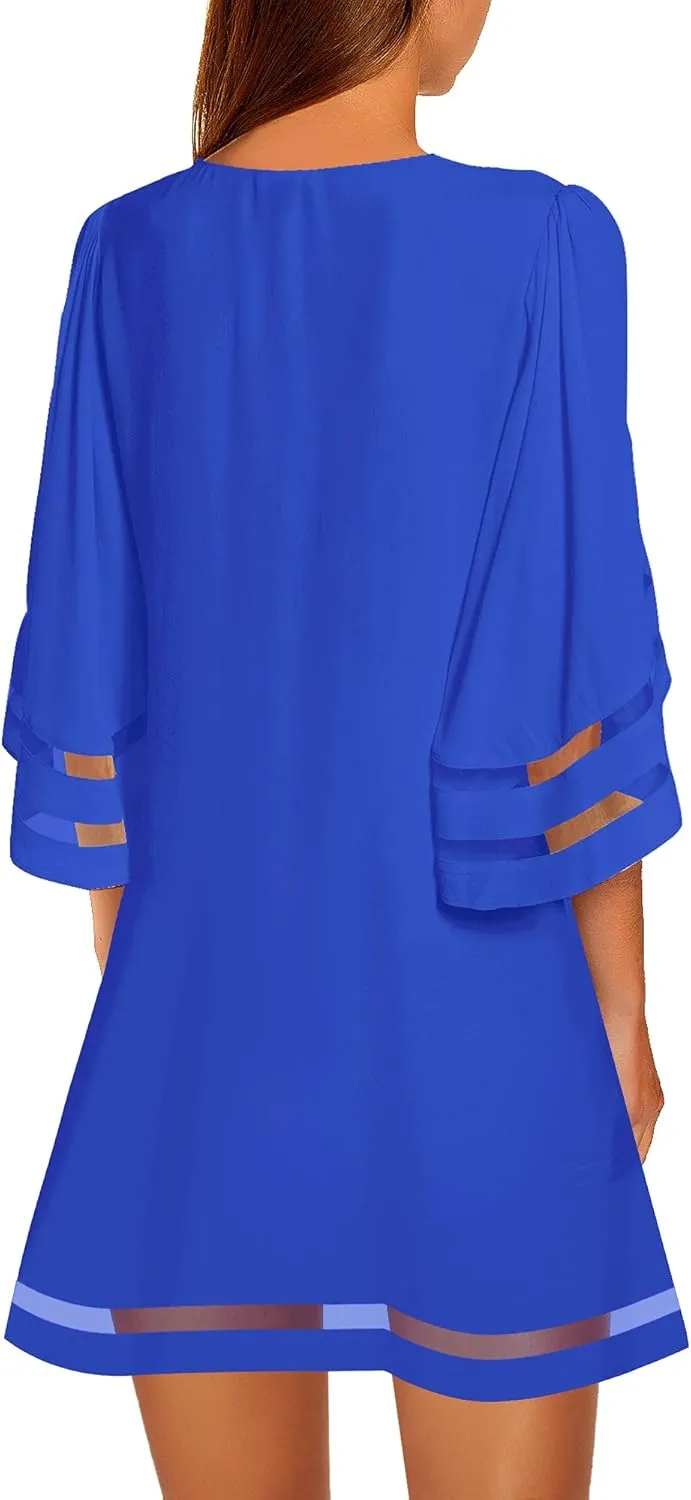 LookbookStore Women Casual Crewneck Mesh Panel 3/4 Bell Sleeve Loose Tunic Dress