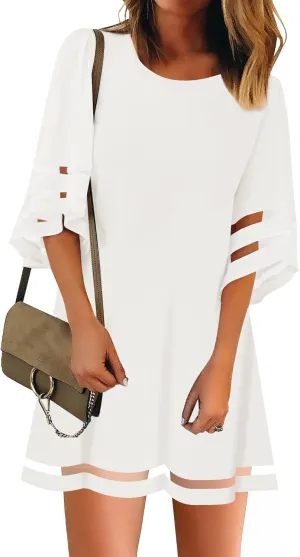 LookbookStore Women Casual Crewneck Mesh Panel 3/4 Bell Sleeve Loose Tunic Dress