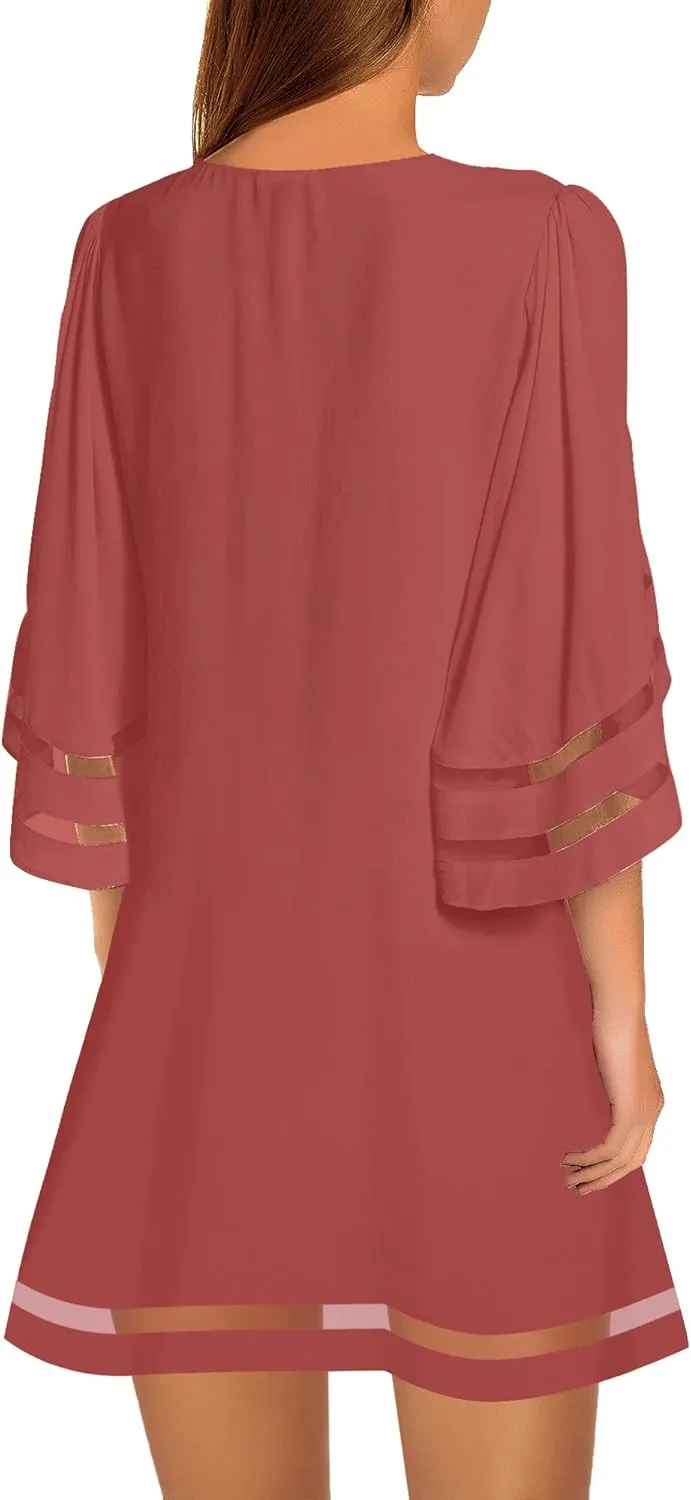 LookbookStore Women Casual Crewneck Mesh Panel 3/4 Bell Sleeve Loose Tunic Dress