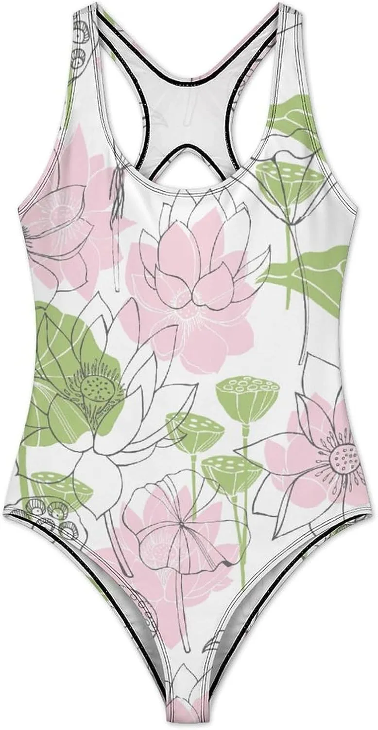 Lotus Florals Womens' 1 Piece Swimwears Criss Cross Back Scoop Neck Classic Tummy Control Swimsuits