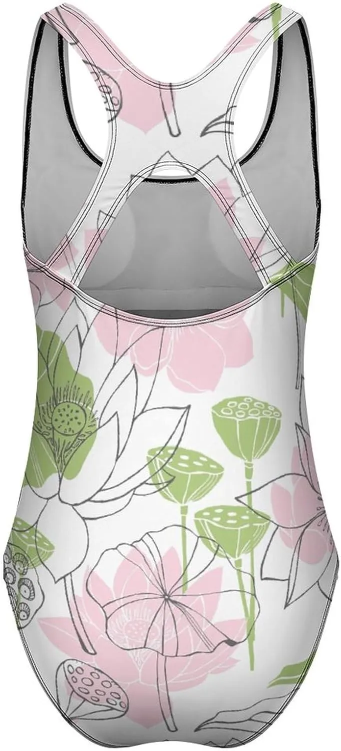 Lotus Florals Womens' 1 Piece Swimwears Criss Cross Back Scoop Neck Classic Tummy Control Swimsuits