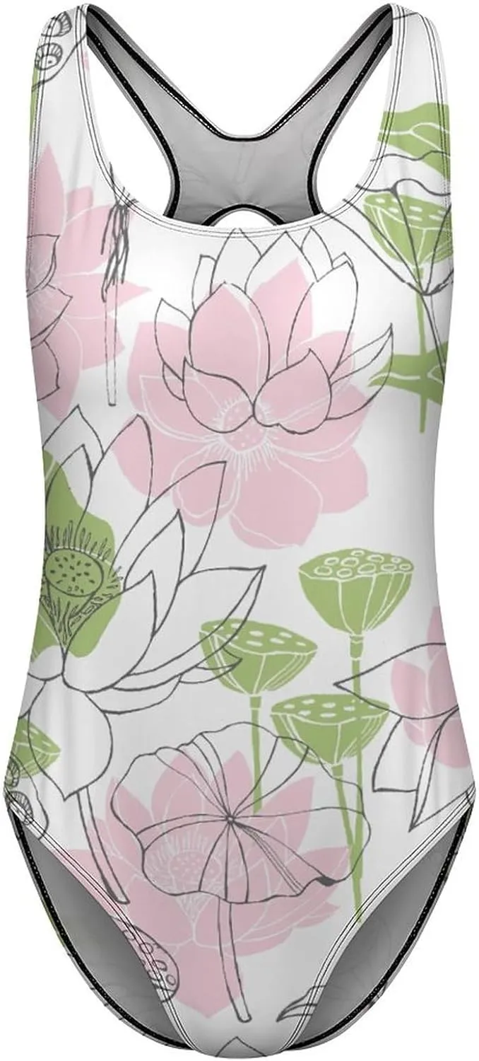 Lotus Florals Womens' 1 Piece Swimwears Criss Cross Back Scoop Neck Classic Tummy Control Swimsuits